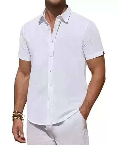 DEMEANOR Linen Shirts for Men Short Sleeve Linen Shirts Casual Button Down Shirts Summer Beach Hawaiian Shirt for Men