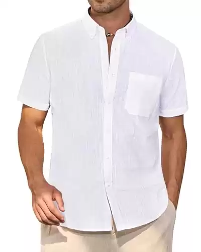 Alimens & Gentle Mens Linen Shirt Short Sleeve Casual Cotton Button Down Shirts Collared Summer Beach Shirts, White, Large