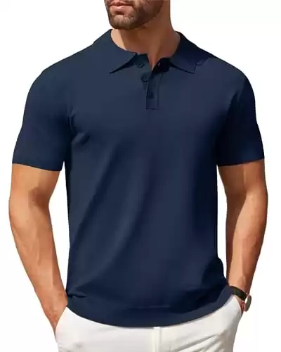 COOFANDY Men's Short Sleeve Polo Shirt Casual Knit Button Down Golf Shirt Navy Blue