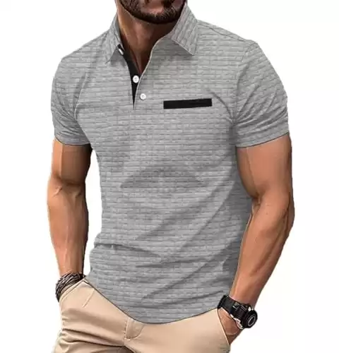 ROOMLINE M Light Grey Waffle Men's Polo Shirts 2024 Short Sleeve Casual Polo T Shirt Color Block Slim Fit Golf Shirts