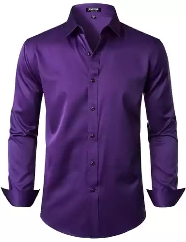 JEMITOP Men's Stretch Wrinkle Free Dress Shirts Formal Wedding Prom Long Sleeve Slim Fit Button Down Shirt Purple XXL