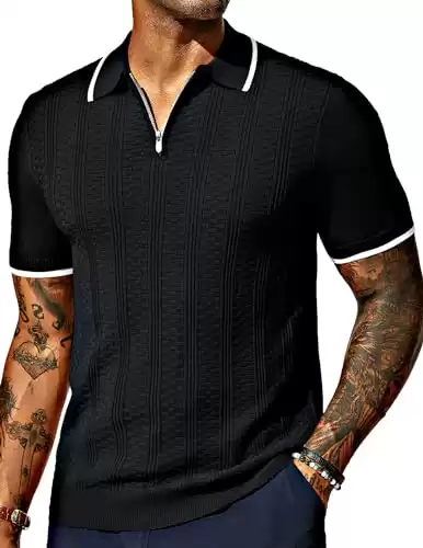 Mens Vintage Polo Shirts Short Sleeve Lightweight Textured Knitted Golf Polo T Shirt Quarter Zip Knitting Shirts Black M