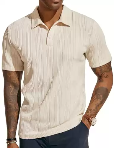 PJ PAUL JONES Mens Polo Shirts Textured Knit Stretchy Short Sleeve Golf Shirts for Outdoor Beige