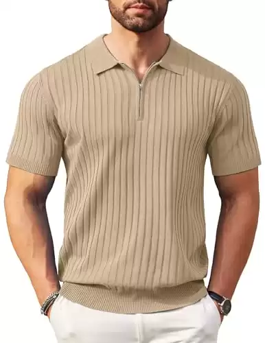 COOFANDY Men's Zipper Polo Shirts Short Sleeve Ribbed Knit Polo T Shirts Fashion Casual Golf Shirts Khaki