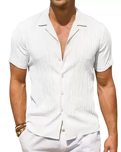 DEMEANOR Linen Shirts for Men Short Sleeve Mens Linen Shirt Textured Casual Button Down Shirts Linen Summer Beach Shirts