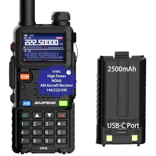 BAOFENG 5RM Ham Radio Multi-Band Two Way Radio NOAA Weather Receiver High Power Handheld Walkie Talkies Long Range, One Key Frequency Match, Type C Charging, Airband, 999CH, 2500mAh Battery, Stopwatch