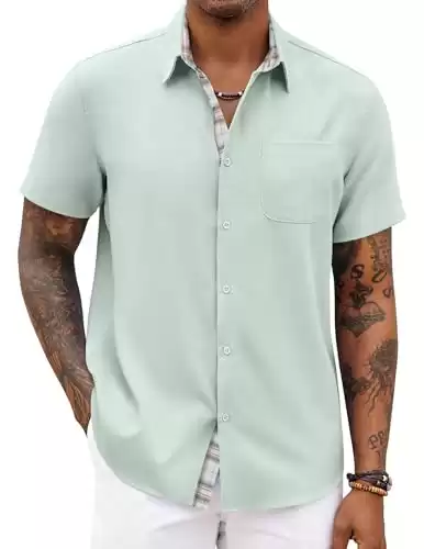 COOFANDY Men's Beach Shirt Short Sleeve Button Down Shirts Casual Summer Shirts Light Green