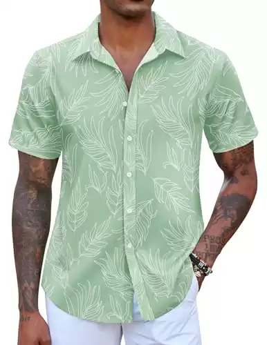 COOFANDY Mens Summer Shirts Floral Hawaiian Shirts Short Sleeve Casual Beach Wear Clothing Light Green