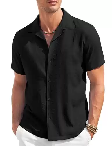 COOFANDY Mens Cuban Guayabera Shirts Short Sleeve Linen Shirt Loose Fit Camp Collar Shirt Black