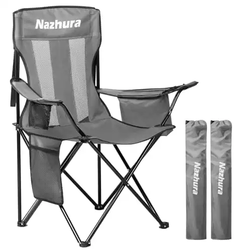 Nazhura 2 Pack Folding/Foldable/Portable Outdoor Camping Chair with Cooler Pouch, Mesh Backrest and Cup Holder Pocket (Grey, 2 Pack)