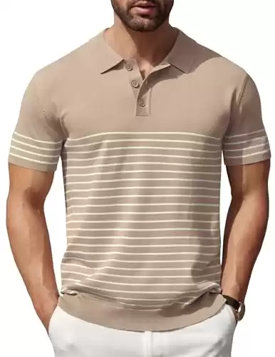 COOFANDY Men's Short Sleeve Polo Shirts Vintage Knitted Shirt Casual Button Down Golf Shirts, Khaki, Large