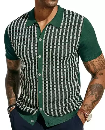 PJ PAUL JONES Mens Knit Button Down Shirt Vintage Short Sleeve Contrast Knit Polo Shirts Regular Fit Casual Stripes Knitted Polo Shirt for Party Green XL