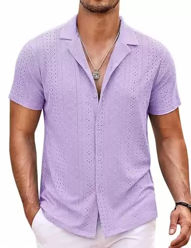 COOFANDY Purple Shirts for Men Short Sleeve Beach Shirts Casual Button Down Shirt Tropital Summer Shirts Light Purple