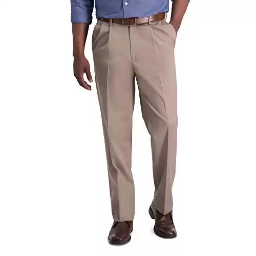 Haggar mens Iron Free Premium Khaki Classic Fit Pleat Front Expandable Waist Casual Pants, Medium Khaki, 34W x 29L US