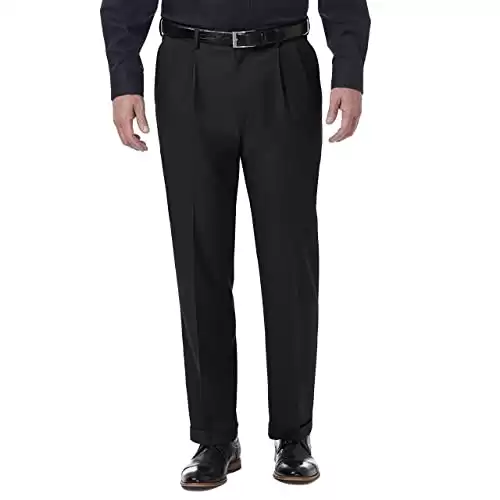 Haggar mens Premium Comfort Classic Fit Pleat Expandable Waist Dress Pants, Black, 42W x 29L US