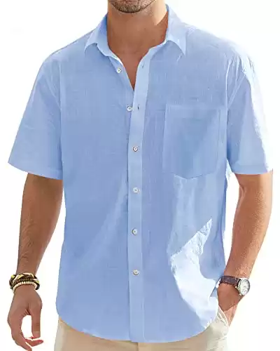 J.VER Mens Short Sleeve Button Down Shirts Solid Casual Linen Shirt Summer Vacation Clothes with Pocket Light Blue Small