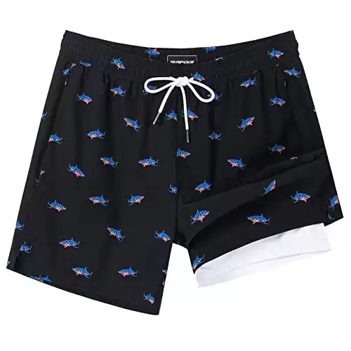 SURF CUZ Mens Swim Trunks with Compression Liner Mens Swimming Trunks 5 Inch Bathing Suit with Zipper Pockets Quick Dry Swim Shorts American Flag Shark Medium