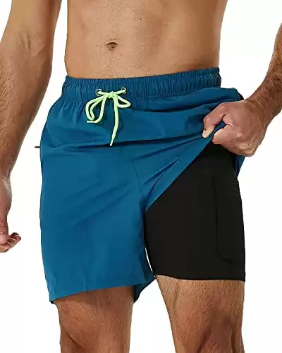SILKWORLD Mens Swimming Trunks with Compression Liner 2 in 1 Quick-Dry Bathing Suits with Zipper Pockets Blue