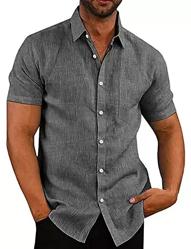 COOFANDY Men's Linen Shirt Textured Designer Western Work Regular Fit Shirt Hawaiian Vacation Shirts Short Sleeve - Black
