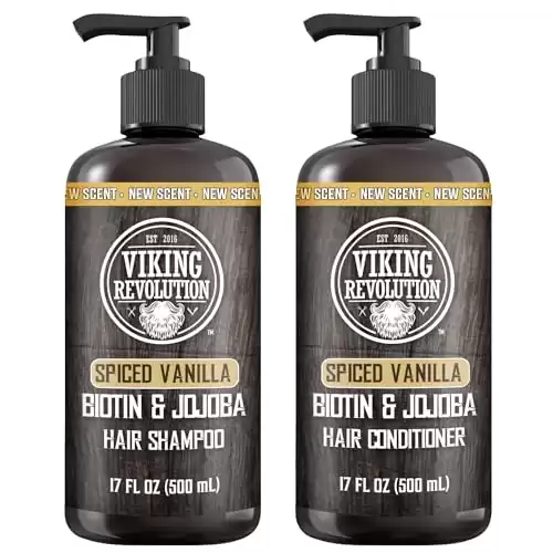 Viking Revolution Spiced Vanilla Mens Shampoo and Conditioner Set with Biotin and Jojoba Oil - Natural Hair Shampoo and Hair Conditioner for Men with Vitamin B5 - Mens Shampoo for Thinning Hair (17Oz)