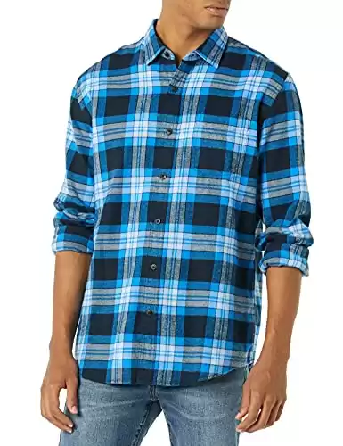 Amazon Essentials Men's Long-Sleeve Flannel Shirt (Available in Big & Tall), Black Blue Grey Tartan Plaid, Large