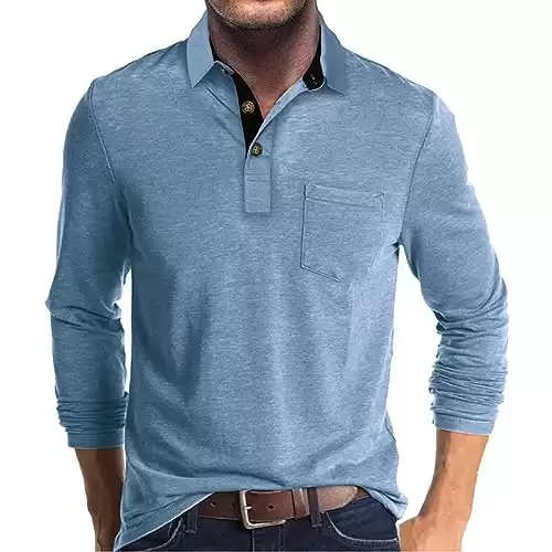 Men's Casual Polo Shirts Classic Button Basic Long Sleeve Shirt Solid Color Cotton Tees Stylish Tops Blue