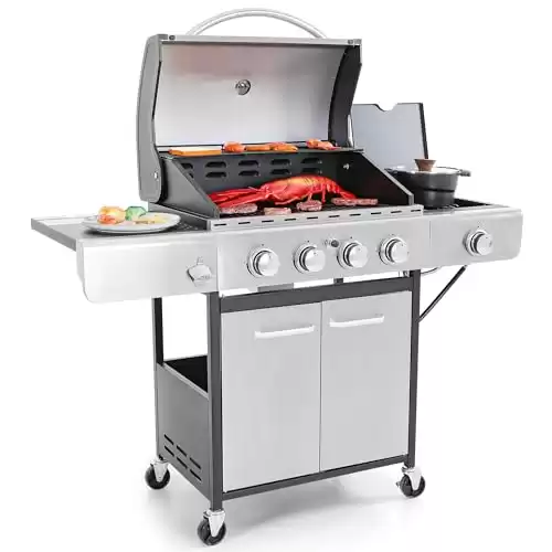 Captiva Designs 4-Burner Propane Gas BBQ Grill with Side Burner & Porcelain-Enameled Cast Iron Grates, 42,000 BTU Output Stainless Steel Grill for Outdoor Cooking Kitchen and Patio Backyard Barbec...