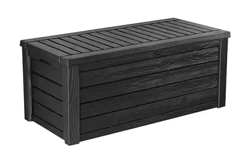 Keter Westwood 150 Gal Plastic Outdoor Patio Deck Box for Backyard Decor, Furniture Cushions, Garden Tools, and Pool Accessories, Dark Gray