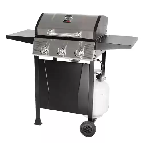 Grill Boss Outdoor Barbeque 3 Burner Propane Gas Grill for Barbecue Cooking with Top Cover Lid, Wheels, and Side Storage Shelves, Black