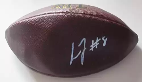 Lamar Jackson Autographed Wilson NFL Football W/PROOF, Picture of Lamar Signing For Us, New England Patriots, Louisville Cardinals, 2018 NFL Draft, Top Prospect, Heisman Trophy