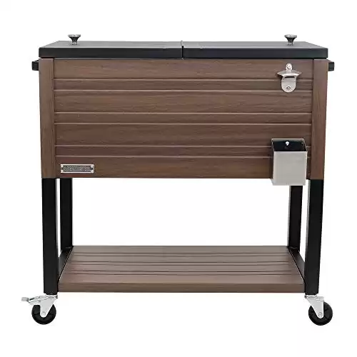 Permasteel 80-Quart Outdoor Patio Cooler with Wheels | Beverage Rolling Cooler for Backyard Deck, PS-A205-80QT-BR, Wood Grain Accent, Brown