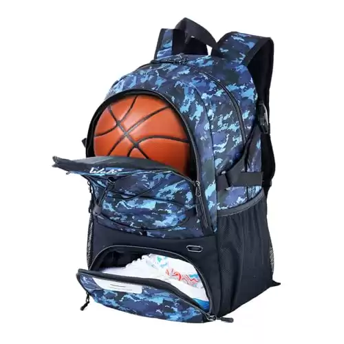 WOLT | Basketball Equipment Backpack, Large Sports Bag with Separate Ball holder & Shoes compartment, Best for Basketball, Soccer, Volleyball, Gym, Travel (Camouflage Blue)
