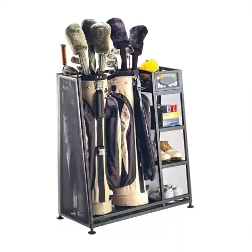 Suncast Metal Golf Equipment Organizer Storage Rack for Golf Bags, Clubs, and Accessories with 3 Shelves, 5 Inch Steel Bin, and Leveling Feet, Black