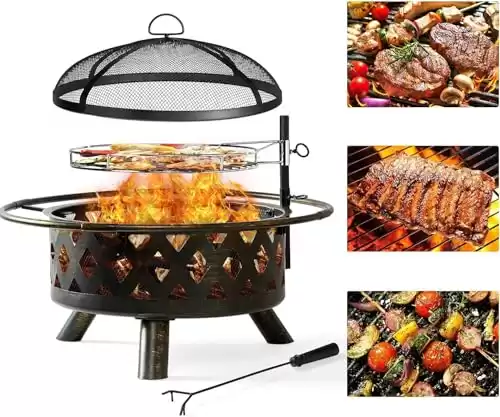 Aoxun Fire Pit 30in with Grill Outdoor Wood Burning 2 in 1 Fire Pit with Fire Poker (Black)