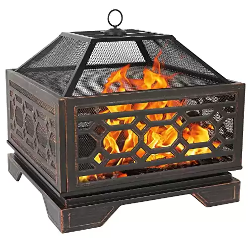Hykolity 26 Inch Outdoor Fire Pit Square Extra Deep Wood Burning Firepits Large Bonfire with Cooking Grate & Poker for Outside, Patio, Backyard