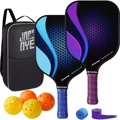 JoncAye Graphite-Pickleball-Paddles-Set, 2 Pickleball-Rackets, 1 Carry Bag, 4 Indoor Outdoor Balls, 1 Mesh Ball Bag, 2 Over-Grips, Raquette-Set of 2, Blue, Purple | Pickleball Gifts