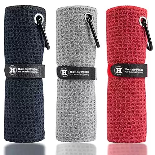 Handy Picks Microfiber Golf Towel (16" X 16") with Carabiner Clip, Waffle Pattern Hook and Loop Fastener - The Convenient Golf Cleaning Towel Black/Grey/Red