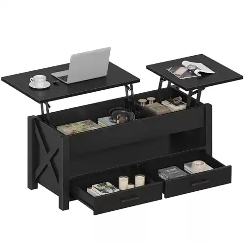 Seventable Coffee Table, 47.2" Lift Top Coffee Table with 2 Storage Drawers and Hidden Compartment, X Wood Farmhouse Support, Retro Center Table with Lift Tabletop for Living Room,Black