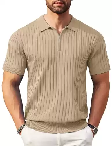 COOFANDY Men's Zipper Polo Shirts Short Sleeve Ribbed Knit (Available in different sizes/colors)