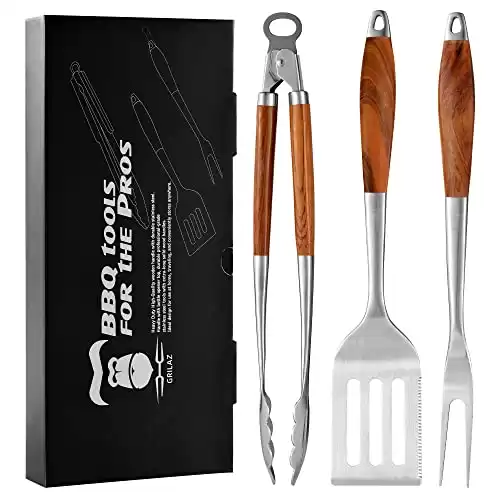 GRILAZ Heavy-Duty Rose Wooden BBQ Grilling Tools Set. Extra Thick Stainless Steel Multi-Function Spatula, Fork & Tongs | Essential Accessories for Barbecue & Grill. Ideal Gift for Father