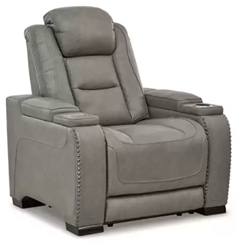 Signature Design by Ashley The Man-Den Leather Power Recliner with Adjustable Headrest & Wireless Charging, Gray