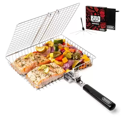 Grill Basket, Barbecue BBQ Grilling Basket , Stainless Steel Large Folding Grilling baskets With Handle, Portable Outdoor Camping BBQ Rack for Fish, Shrimp, Vegetables, Barbeque Griller Cooking Access...