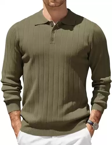 COOFANDY Mens Polo Sweater Long Sleeve Casual Textured Knit Stretch Pullover Sweaters Fall Winter (Available in Different Sizes/Colors)