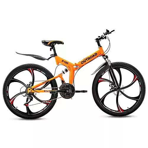 Outroad 26 Inch Folding Mountain Bike, 21 Speed Full Suspension High-Carbon Steel MTB Foldable Bicycle, Dual Disc Brake Non-Slip Folding Bikes for Adults/Men/Women, (Available in Different Colors)