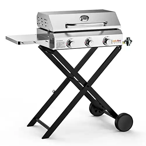 Onlyfire Portable BBQ Gas Griddle 3 Burners, Stainless Steel Flat Top Gas Grill Griddle Stove with Lid, Side Table, Foldable Cart & Wheels for Outdoor Kitchen, Patio Backyard and Camping