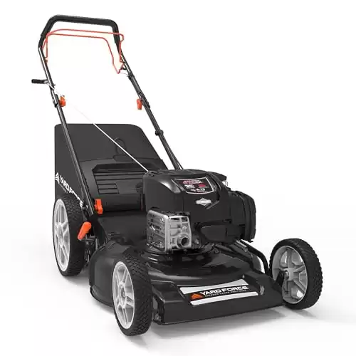 Yard Force Self Propelled Lawn Mower Briggs & Stratton 150cc Gas Engine 22-inch Steel Deck 3-in-1 Mulch, Bag, Side Discharge, 12-inch High Rear Wheels