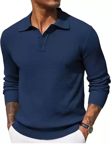 COOFANDY Mens Waffle Knit Polo Sweater Long Sleeve Collared Pullover Sweaters Polo Casual Lightweight Button Sweaters (Available in Different Sizes/Colors)