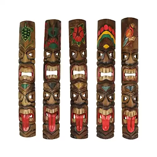 Zeckos Set of 5 Exquisite Hand-Carved Double Tiki Mask Totem Wall Sculptures, 40 Inches Tall, Crafted from Sustainable Wood, Vibrant Tropical Artistry for Indoors and Outdoors