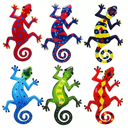 Juegoal 6 Pack Metal Gecko Wall Art Decor Inspirational Sculpture Hang Indoor Outdoor for Home Bedroom Living Room Office Garden, 9 Inches