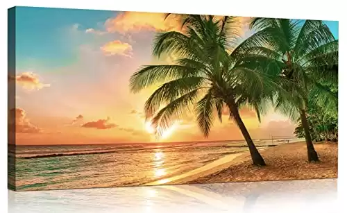 Beach Wall Art for Living Room Ocean Canvas Wall Decor for Home Tropical Palm Tree Picture for Wall Coastal Painting for Bedroom Gold Sunset Art Print for Bathroom Office Decorarion